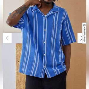 UO Standard Cloth Liam Stripe Crinkle Shirt XL Blue Casual Cotton Striped